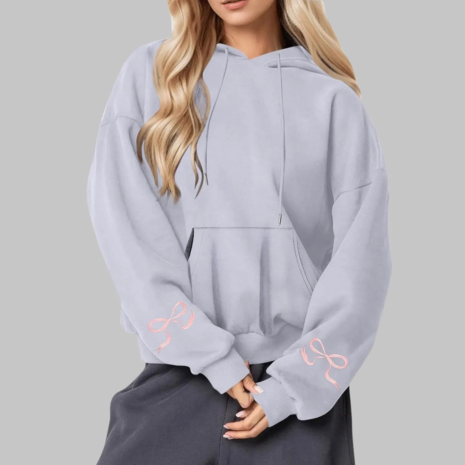 Black Oversized Hoodie Women Pink Ribbon Detail Fleece Lined Pullover Hooded Sweatshirt Drawstring Streetwear