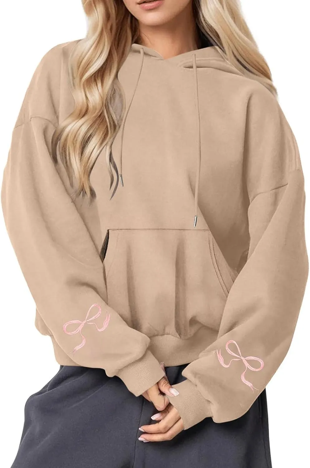 Black Oversized Hoodie Women Pink Ribbon Detail Fleece Lined Pullover Hooded Sweatshirt Drawstring Streetwear