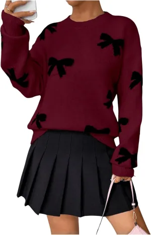 Bow Sweater Women Long Sleeve Crewneck Cute Casual Vintage Oversized Sweater with Bow for Fall Winter