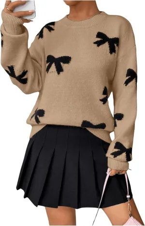 Bow Sweater Women Long Sleeve Crewneck Cute Casual Vintage Oversized Sweater with Bow for Fall Winter