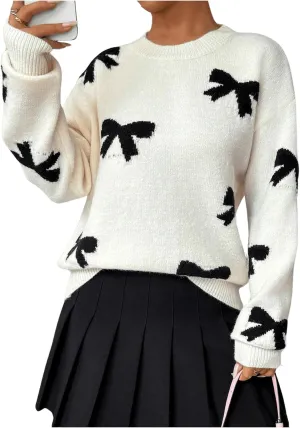 Bow Sweater Women Long Sleeve Crewneck Cute Casual Vintage Oversized Sweater with Bow for Fall Winter