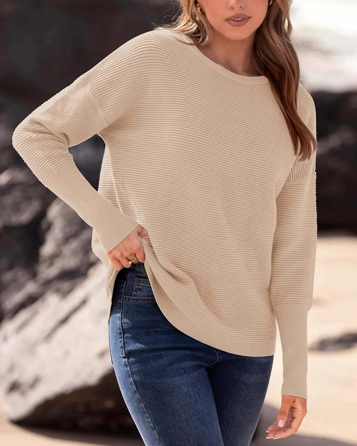 BTFBM Casual Women 2025 Fall Sweater Long Sleeve Ribbed Knit Pullover Loose Crewneck Batwing Split Sweater