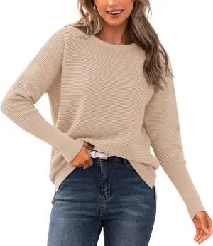 BTFBM Casual Women 2025 Fall Sweater Long Sleeve Ribbed Knit Pullover Loose Crewneck Batwing Split Sweater