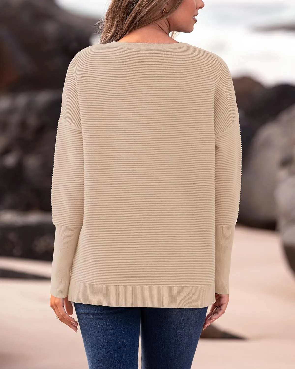 BTFBM Casual Women 2025 Fall Sweater Long Sleeve Ribbed Knit Pullover Loose Crewneck Batwing Split Sweater