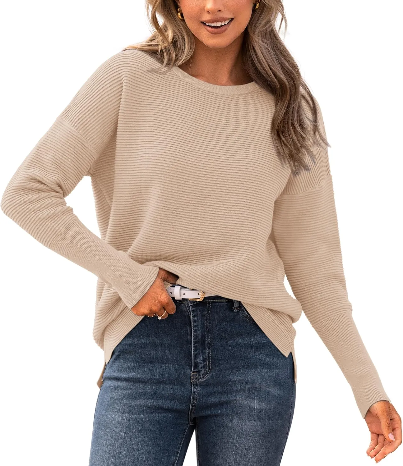BTFBM Casual Women 2025 Fall Sweater Long Sleeve Ribbed Knit Pullover Loose Crewneck Batwing Split Sweater