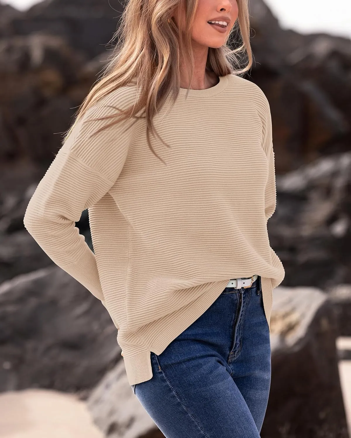 BTFBM Casual Women 2025 Fall Sweater Long Sleeve Ribbed Knit Pullover Loose Crewneck Batwing Split Sweater
