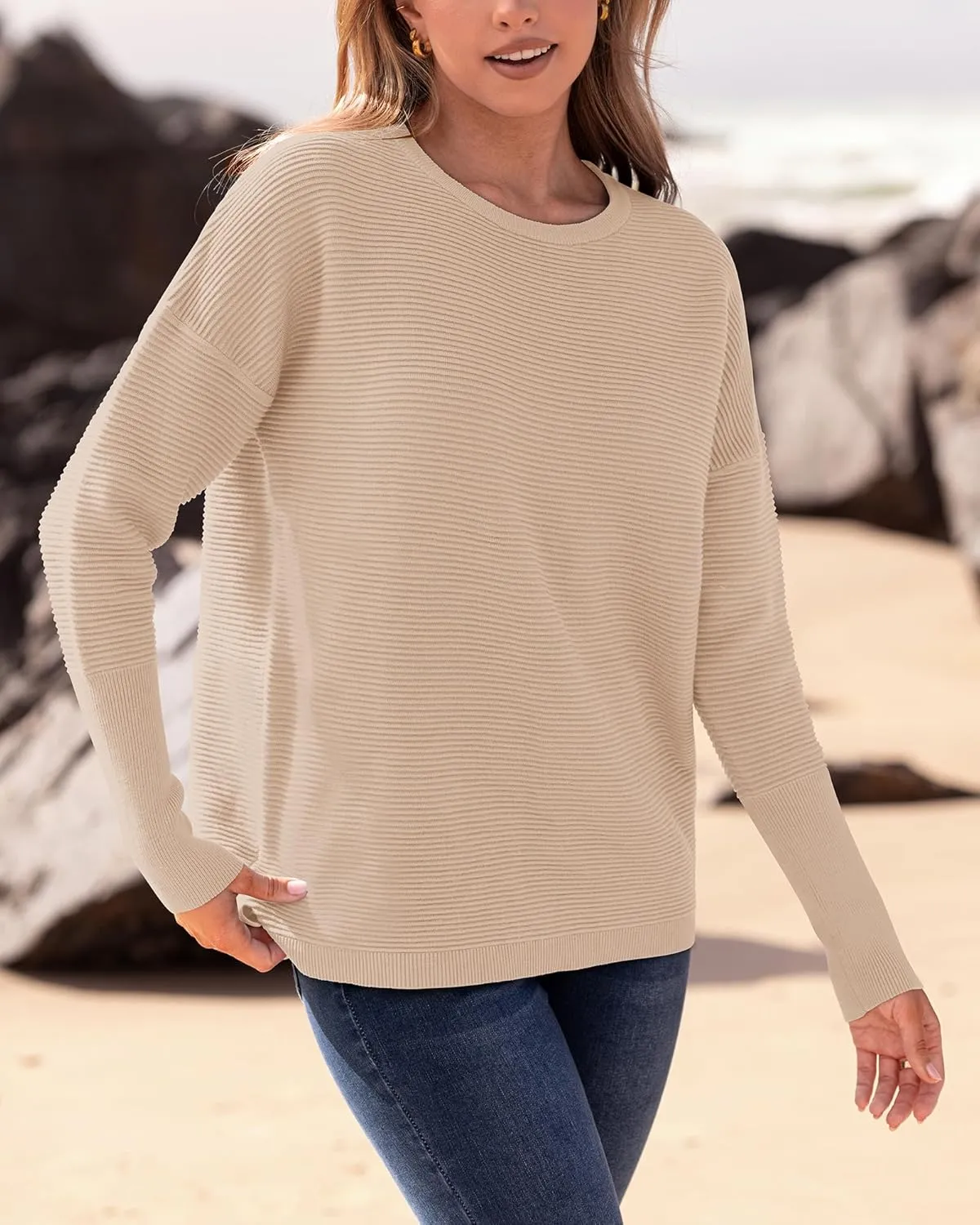 BTFBM Casual Women 2025 Fall Sweater Long Sleeve Ribbed Knit Pullover Loose Crewneck Batwing Split Sweater