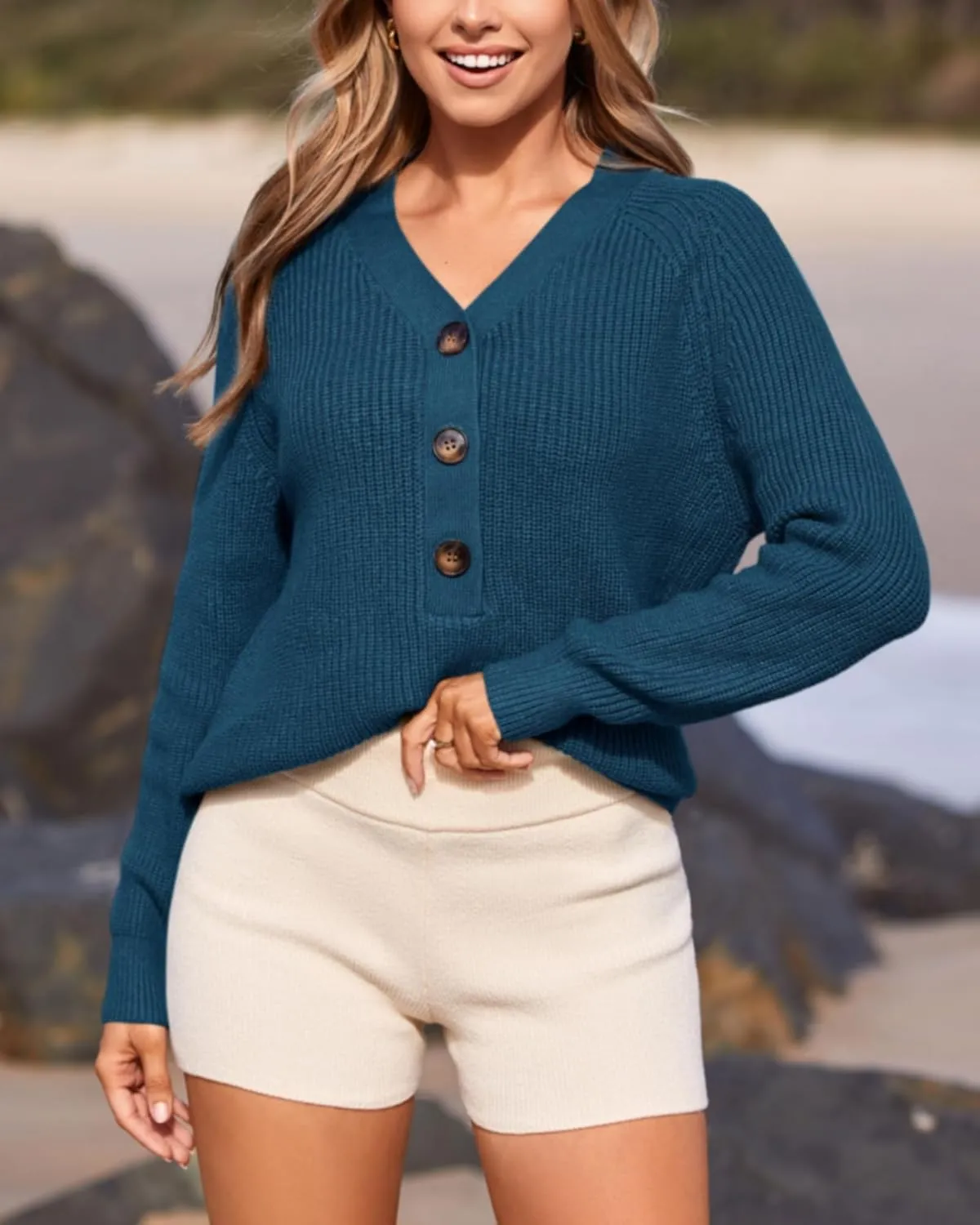 BTFBM Women Long Sleeve V Neck Button Down Sweater Solid Color Ribbed Knit Sweater Casual Relaxed Fit Pullover Jumper