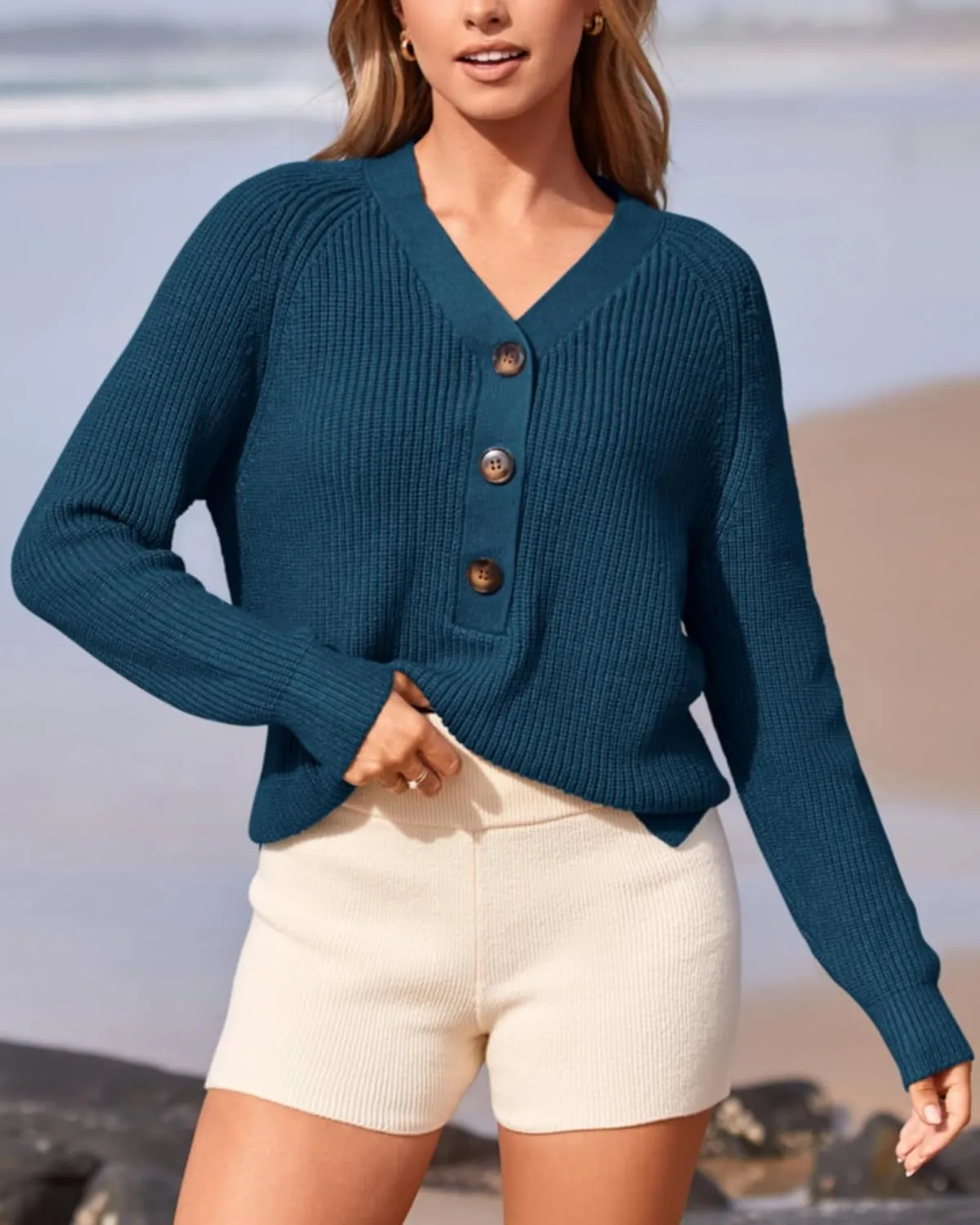 BTFBM Women Long Sleeve V Neck Button Down Sweater Solid Color Ribbed Knit Sweater Casual Relaxed Fit Pullover Jumper