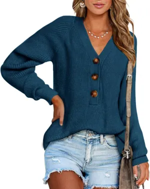 BTFBM Women Long Sleeve V Neck Button Down Sweater Solid Color Ribbed Knit Sweater Casual Relaxed Fit Pullover Jumper