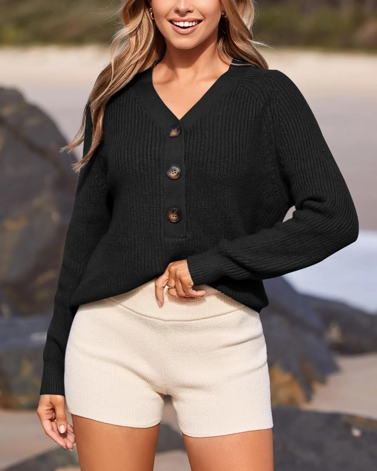 BTFBM Women Long Sleeve V Neck Button Down Sweater Solid Color Ribbed Knit Sweater Casual Relaxed Fit Pullover Jumper
