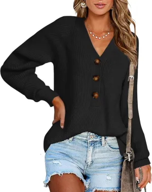 BTFBM Women Long Sleeve V Neck Button Down Sweater Solid Color Ribbed Knit Sweater Casual Relaxed Fit Pullover Jumper