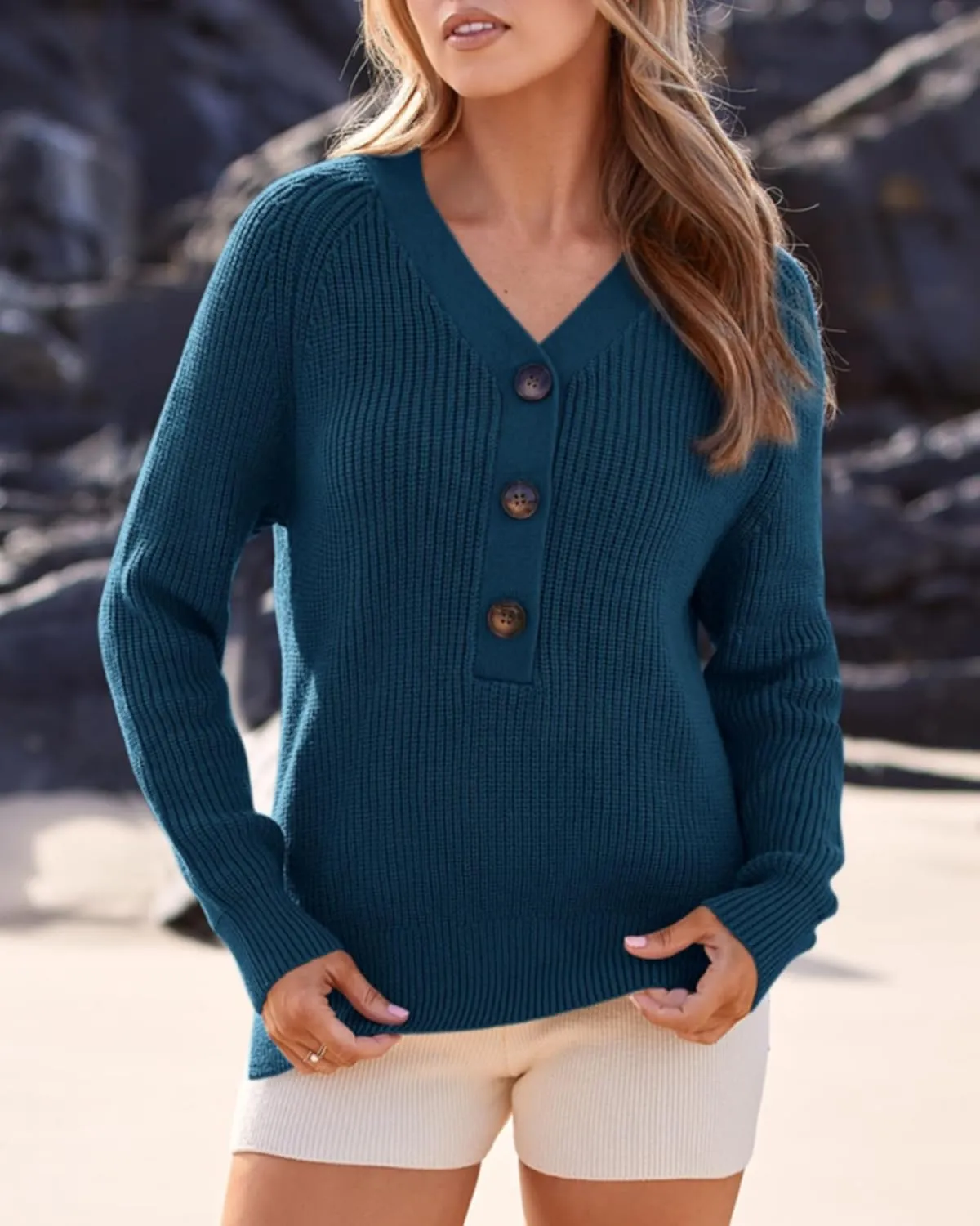 BTFBM Women Long Sleeve V Neck Button Down Sweater Solid Color Ribbed Knit Sweater Casual Relaxed Fit Pullover Jumper