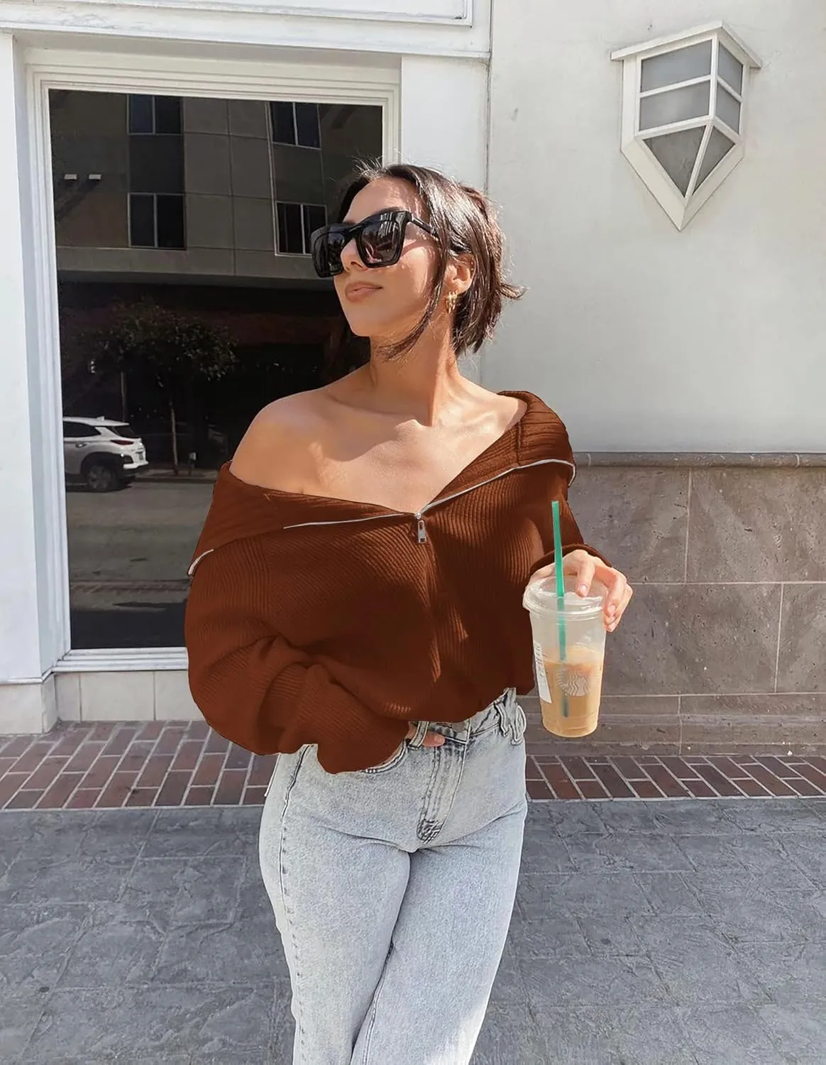 BTFBM Womens Casual Long Sleeve Half Zip Pullover Sweaters Solid V Neck Collar Ribbed Knitted Loose Slouchy Jumper Tops