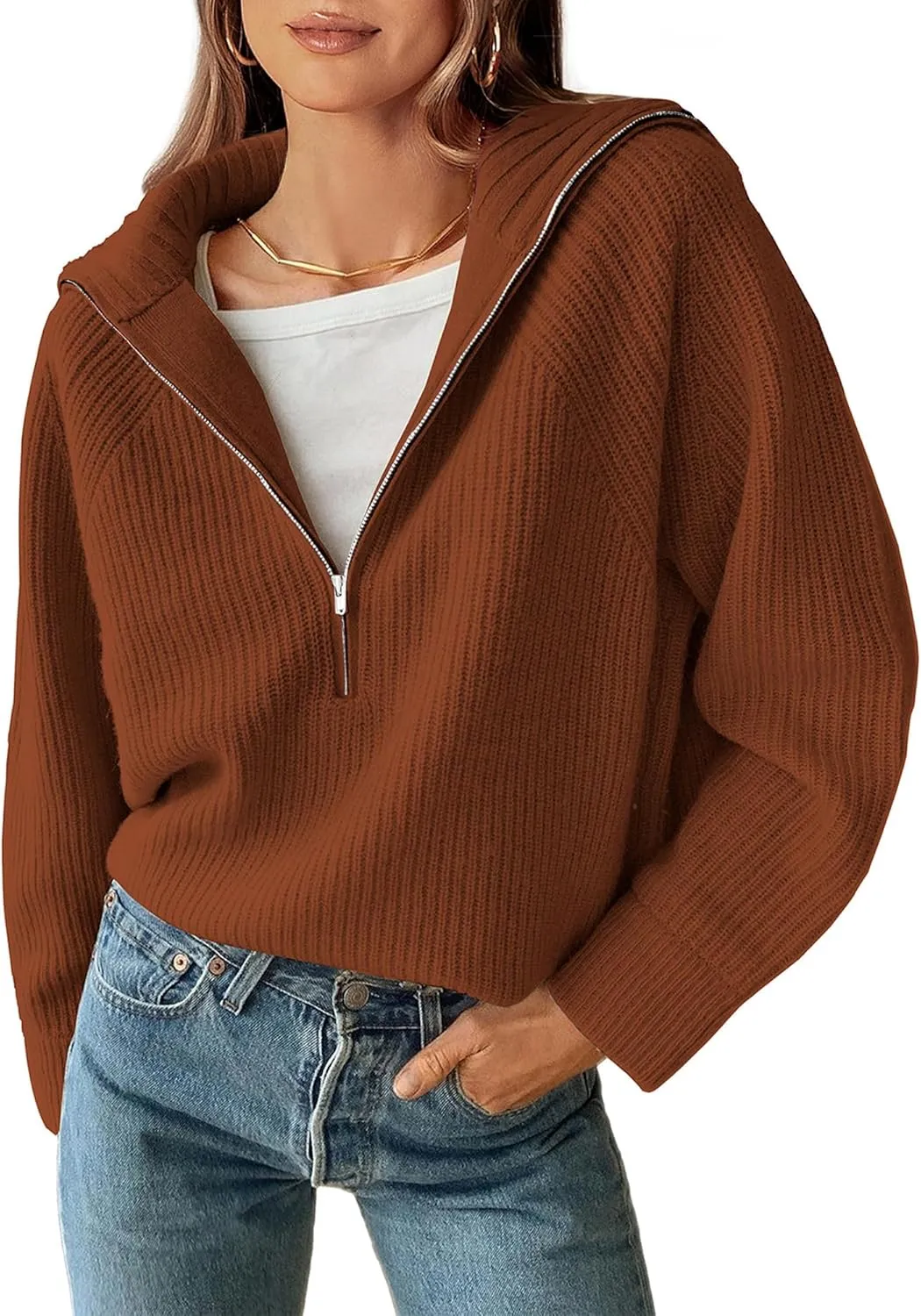 BTFBM Womens Casual Long Sleeve Half Zip Pullover Sweaters Solid V Neck Collar Ribbed Knitted Loose Slouchy Jumper Tops