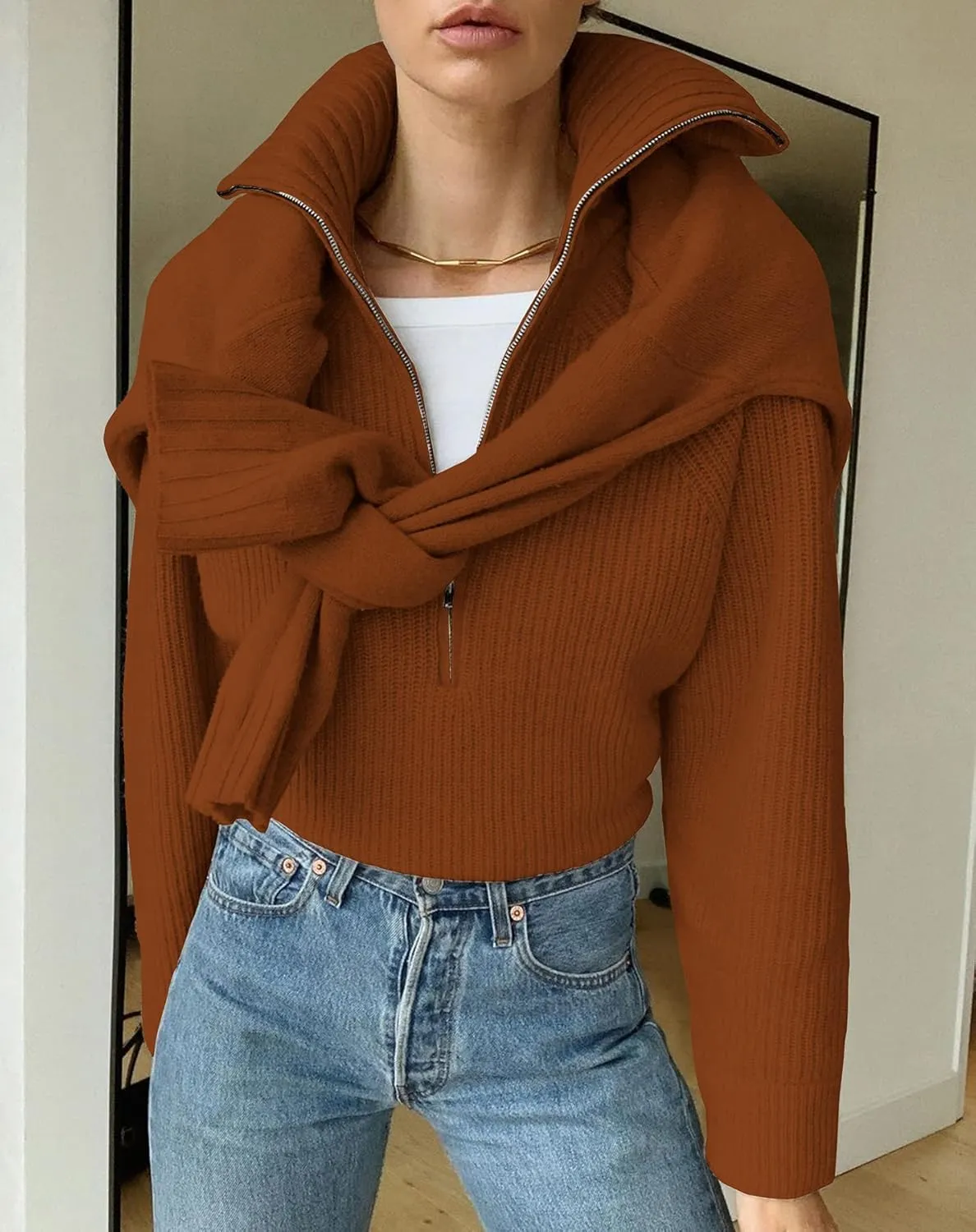 BTFBM Womens Casual Long Sleeve Half Zip Pullover Sweaters Solid V Neck Collar Ribbed Knitted Loose Slouchy Jumper Tops