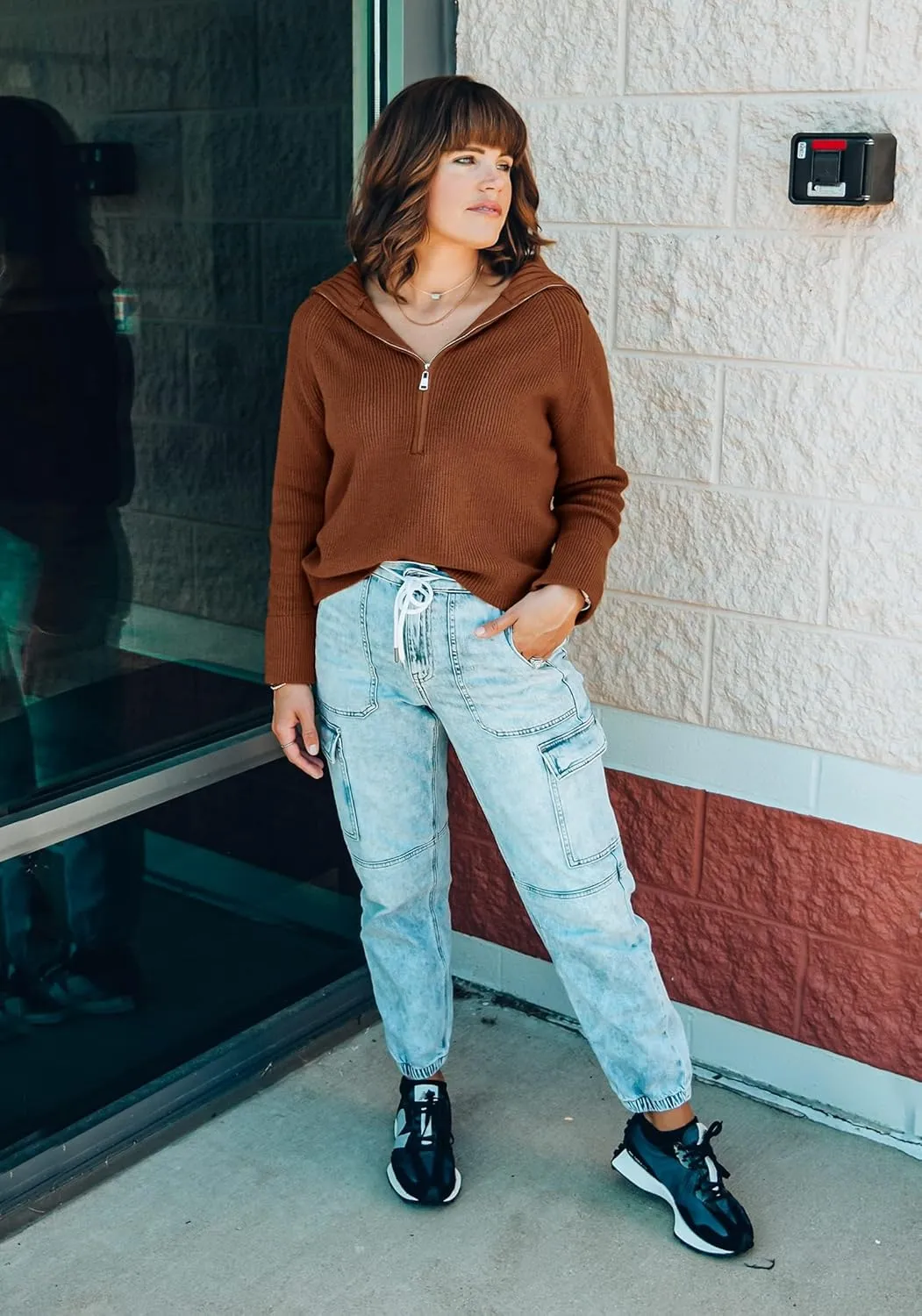 BTFBM Womens Casual Long Sleeve Half Zip Pullover Sweaters Solid V Neck Collar Ribbed Knitted Loose Slouchy Jumper Tops
