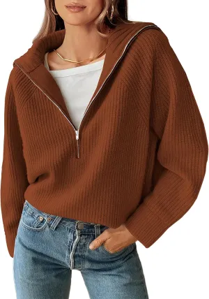 BTFBM Womens Casual Long Sleeve Half Zip Pullover Sweaters Solid V Neck Collar Ribbed Knitted Loose Slouchy Jumper Tops