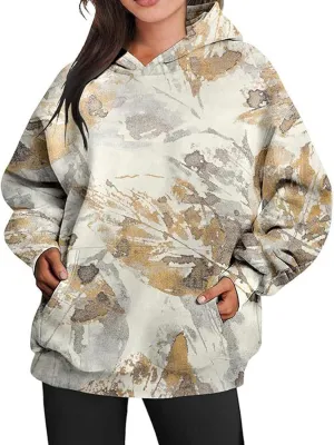 Camo Hoodie Womens Maple Leaf Print Oversized Hooded Sweatshirt Fleece Sweatshirts Casual Long Sleeve Pullover 2024