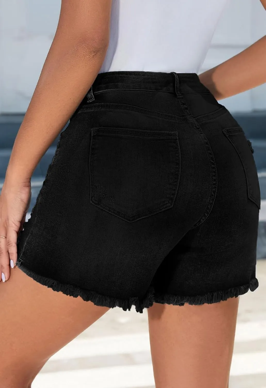 Casual Summer High Rise Denim Shorts Stretch Raw Hem Jean Shorts for Women