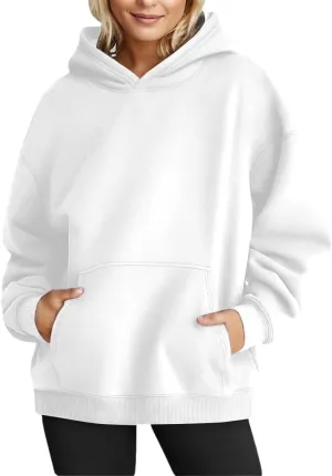 Chaos World Women's Long Sleeve Oversized Pullover Solid Color Y2K Hoodie Fall Winter Sweatshirt with Pocket (XL,White)