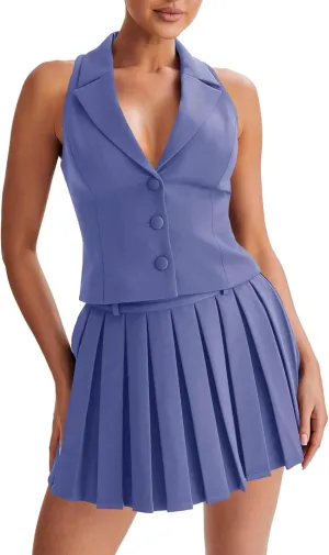 Cicy Bell Womens Summer 2 Piece Outfits V Neck Blazer Vest Matching Sets and Mini Pleated Skirts