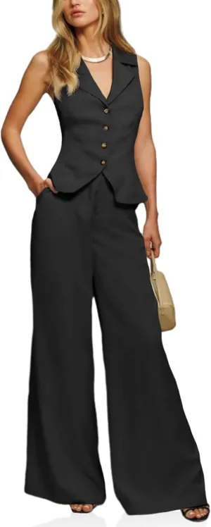 Cicy Bell Womens Vest Sets Summer 2 Piece Outfits Button Crop Blazer Vest and Wide Leg Pant Suits