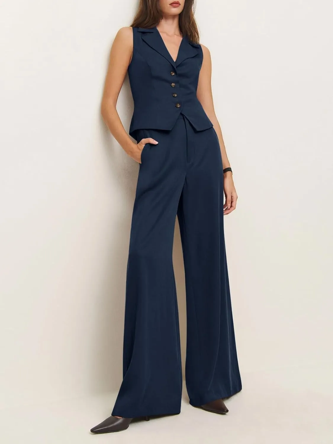 Cicy Bell Womens Vest Sets Summer 2 Piece Outfits Button Crop Blazer Vest and Wide Leg Pant Suits