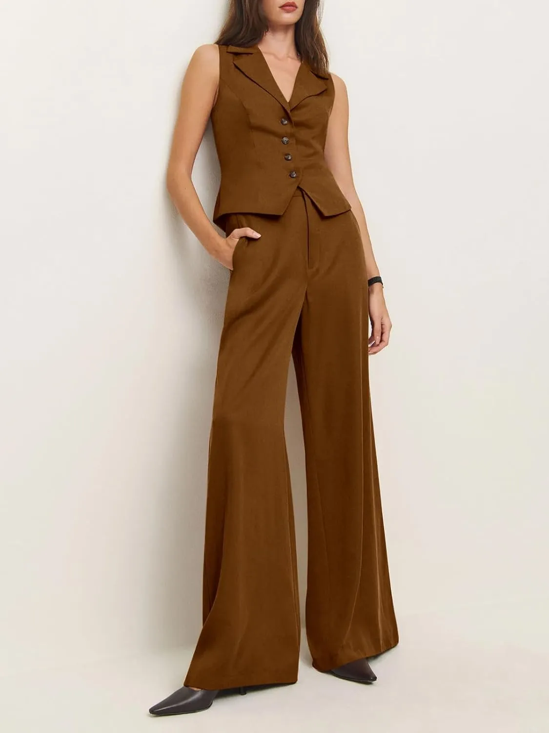 Cicy Bell Womens Vest Sets Summer 2 Piece Outfits Button Crop Blazer Vest and Wide Leg Pant Suits
