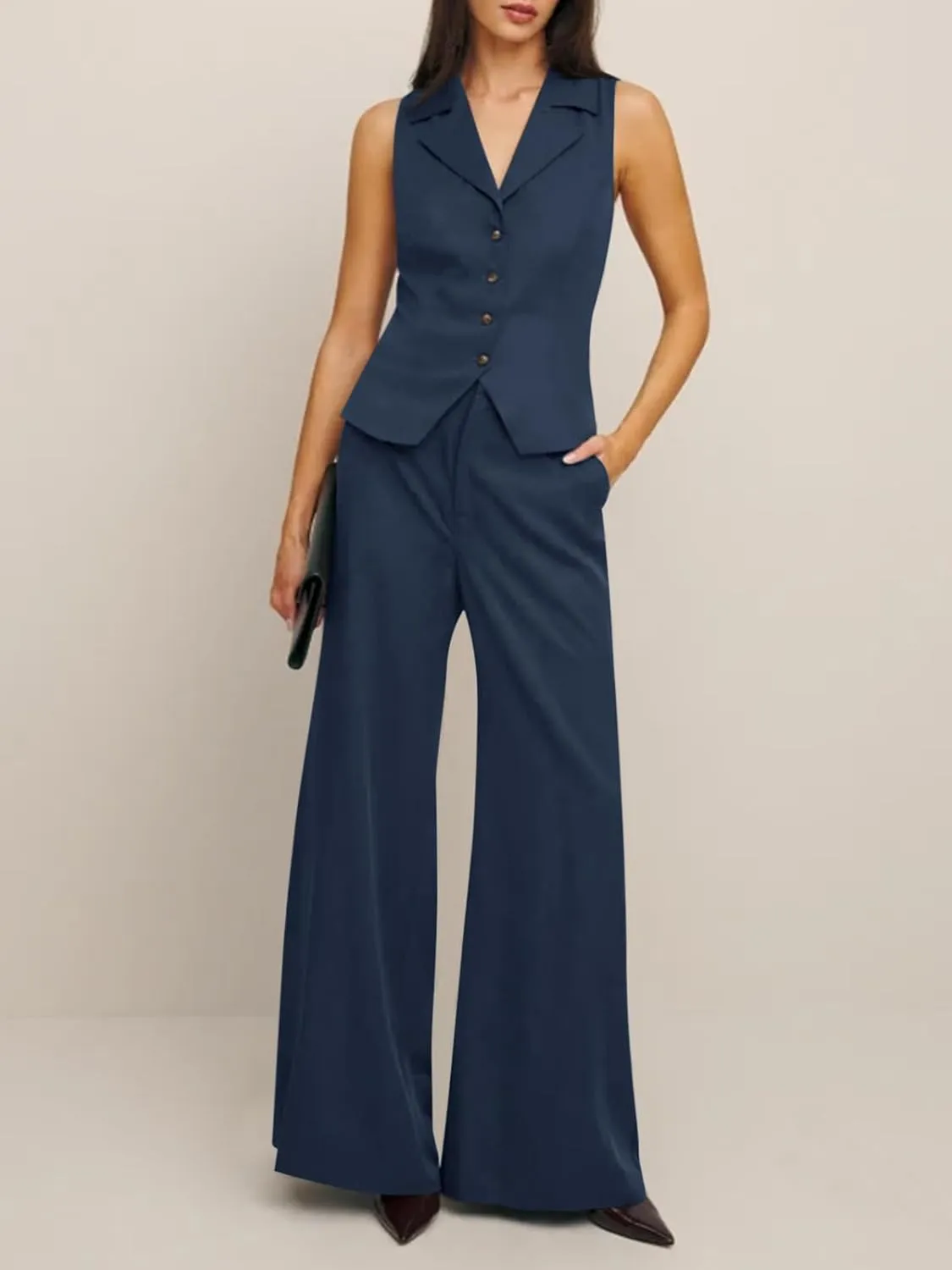 Cicy Bell Womens Vest Sets Summer 2 Piece Outfits Button Crop Blazer Vest and Wide Leg Pant Suits