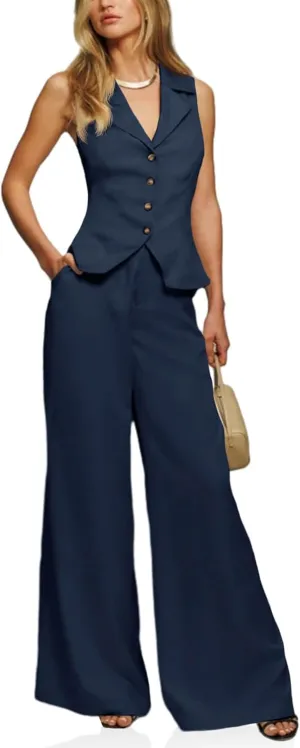 Cicy Bell Womens Vest Sets Summer 2 Piece Outfits Button Crop Blazer Vest and Wide Leg Pant Suits