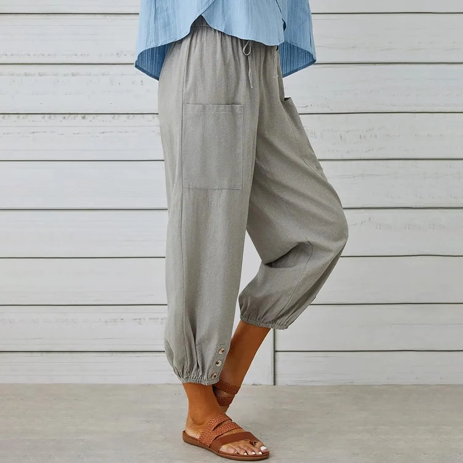Cinch Bottom Cotton Linen Pants Women Summer Casual Beach Vacation Trousers Solid High Waist Drawstring Lounge Pant