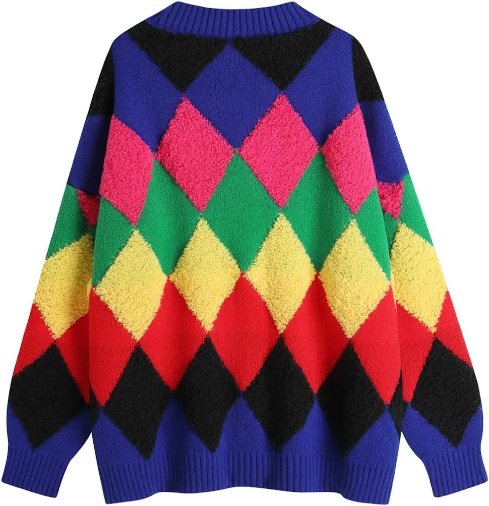 Ckikiou Fall Winter Oversized Long Sleeve Button Color Block Down Chunky Knitted Cardigan Sweater Top for Women