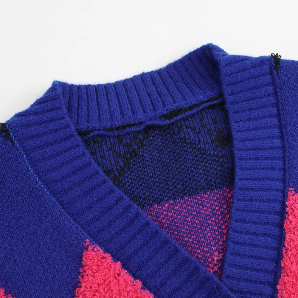 Ckikiou Fall Winter Oversized Long Sleeve Button Color Block Down Chunky Knitted Cardigan Sweater Top for Women