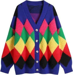 Ckikiou Fall Winter Oversized Long Sleeve Button Color Block Down Chunky Knitted Cardigan Sweater Top for Women