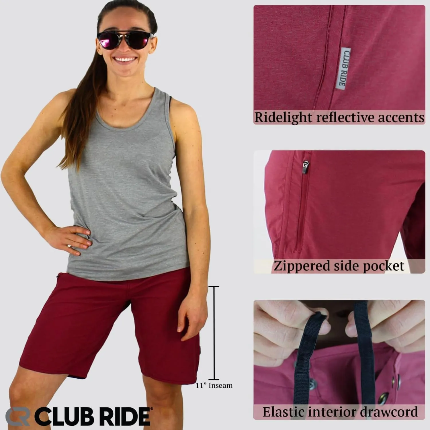 Club Ride Apparel Women's Savvy Cycling Shorts - 11-Inch Inseam Biking Shorts