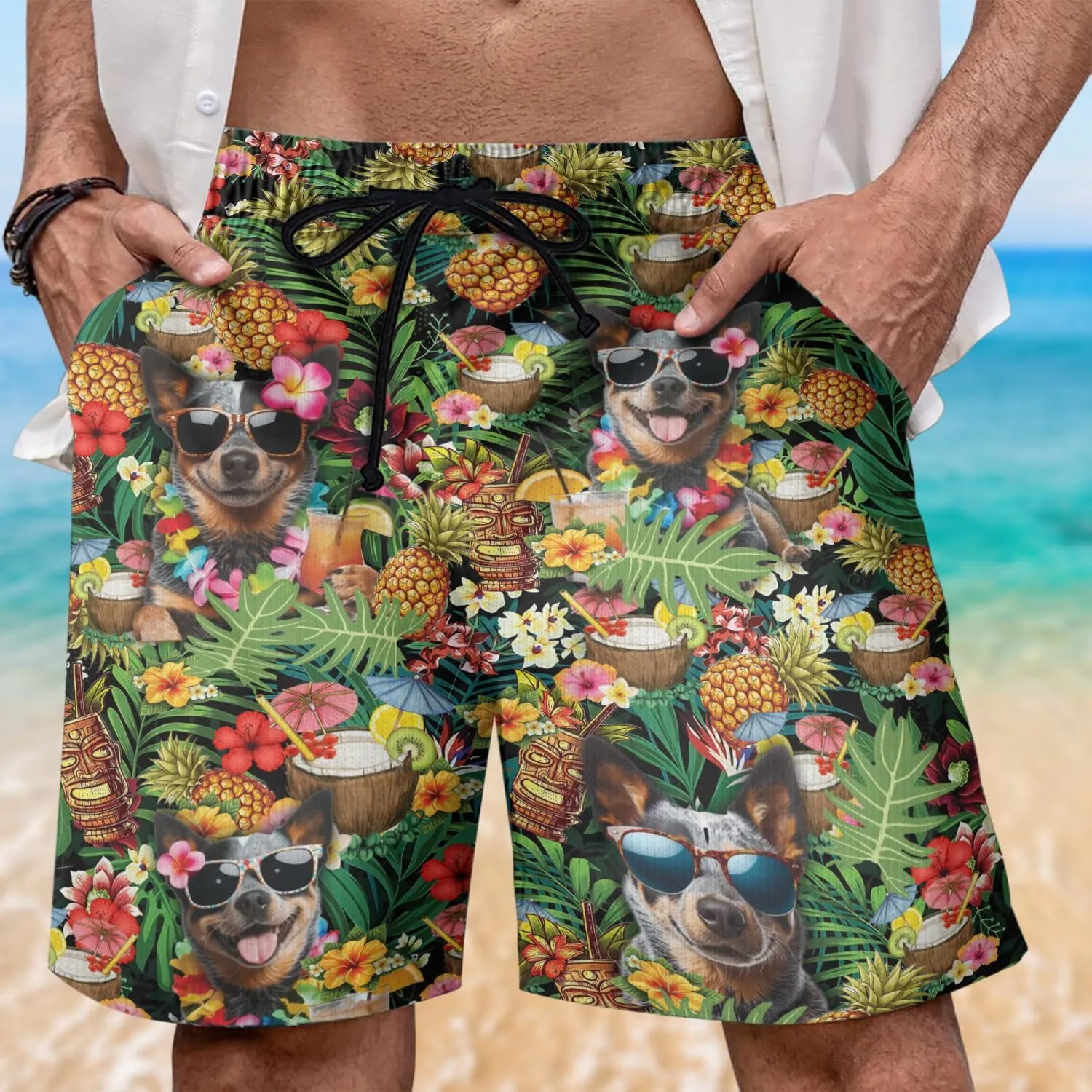 Cocktails Dog Mens Swim Trunks - Tropical Hawaiian Mens Shorts Casual - Summer Drawstring Beachwear Shorts PA38