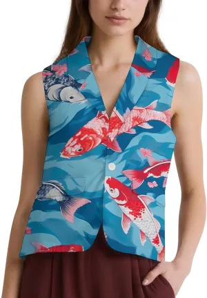 Colorful Carp Fish Japanese Suit Vest for Women Sleeveless Button V-Neck Blazers Dressy Casual Waistcoat Top