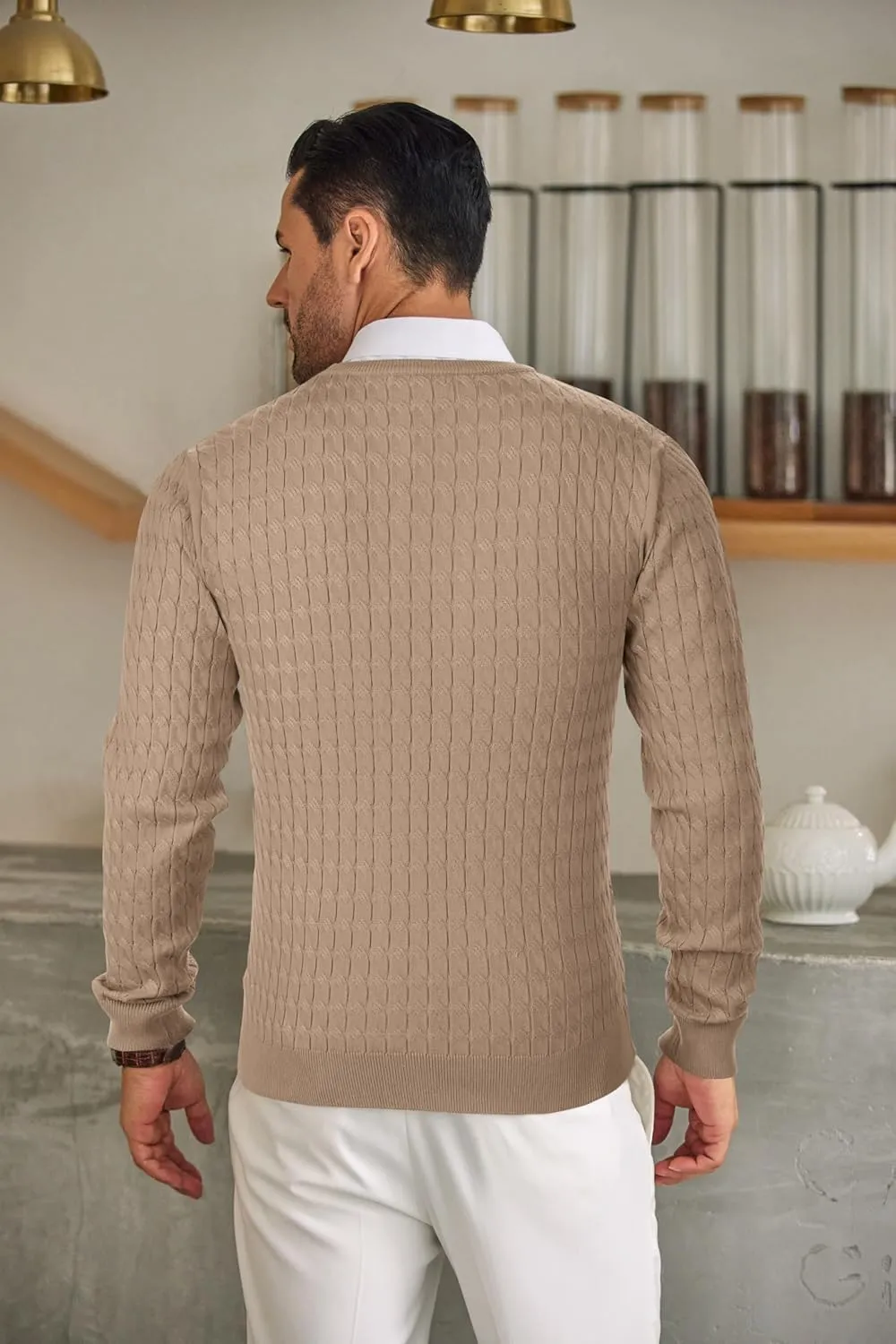 COOFANDY Men's Crewneck Knit Sweater Slim Fit Lightweight Casual Twist Patterned Cable Knitted Pullover