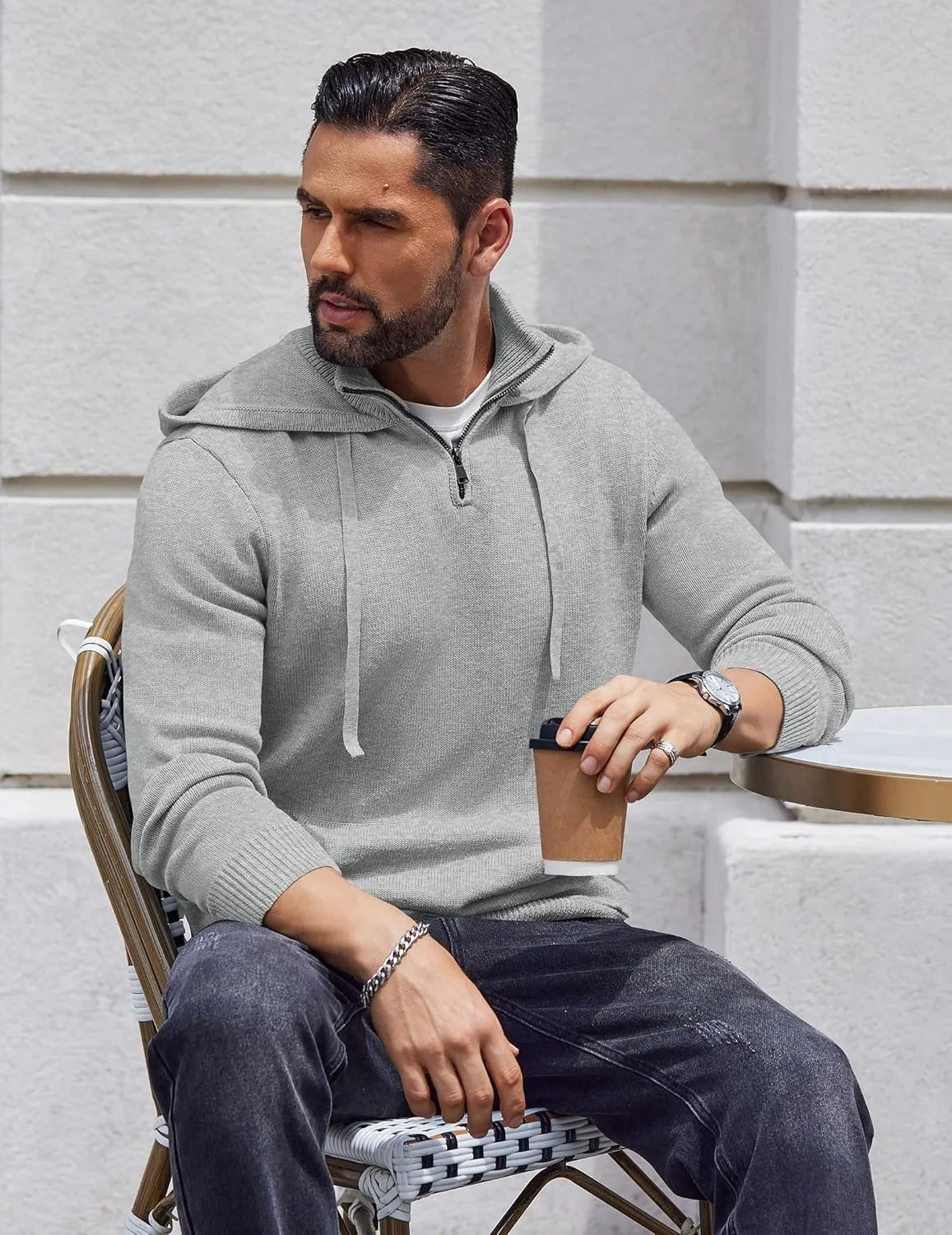 COOFANDY Mens Knitted Hoodie Sweater Long Sleeve Turtleneck Quarter Zip Pullover Sweaters with Pocket