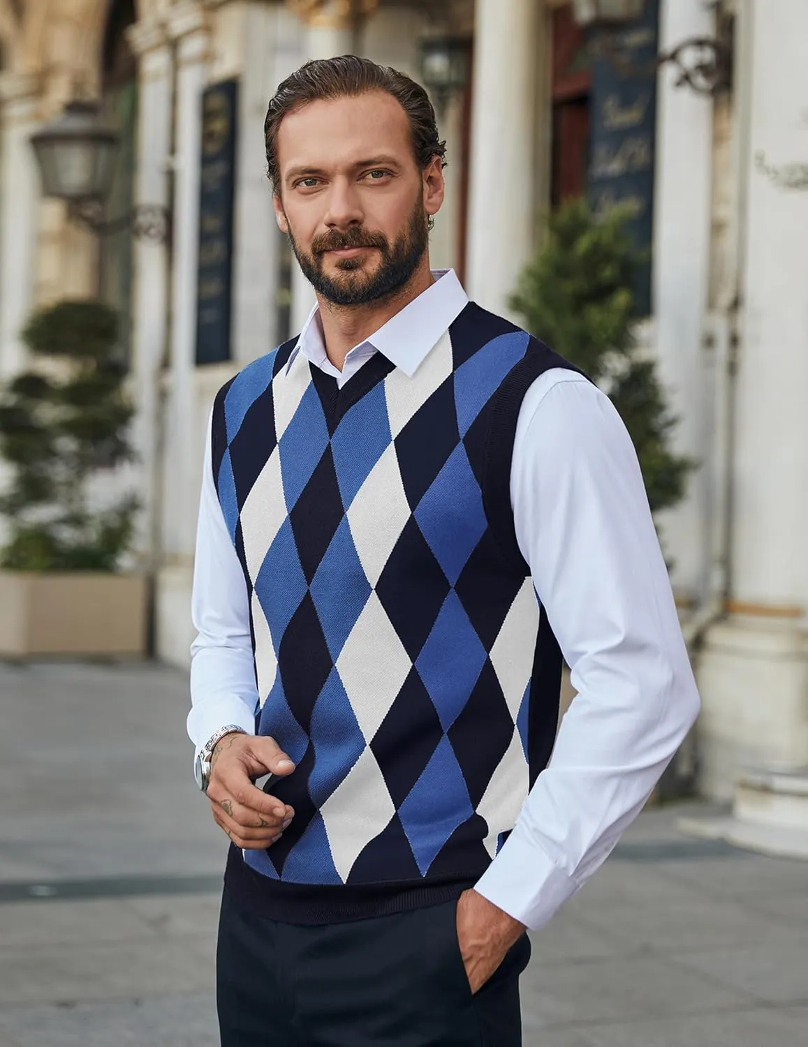 COOFANDY Men's Sleeveless V Neck Pullover Sweater Slim Fit Casual Argyle Sweater Vest