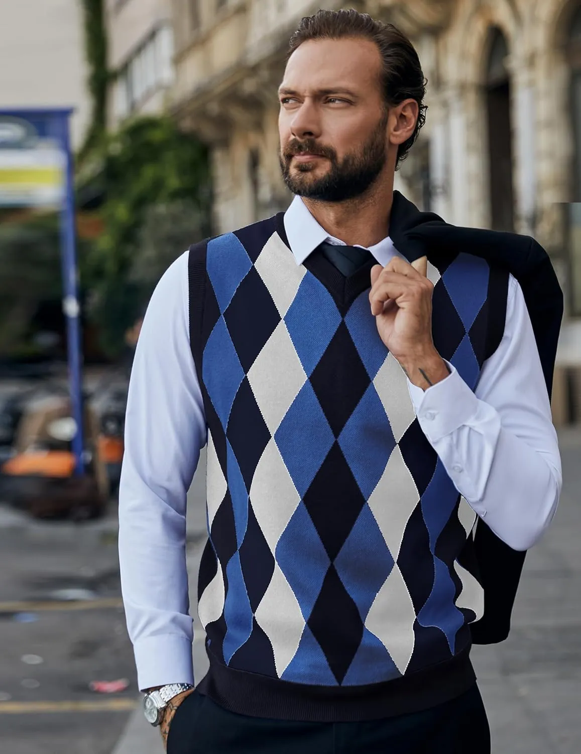COOFANDY Men's Sleeveless V Neck Pullover Sweater Slim Fit Casual Argyle Sweater Vest