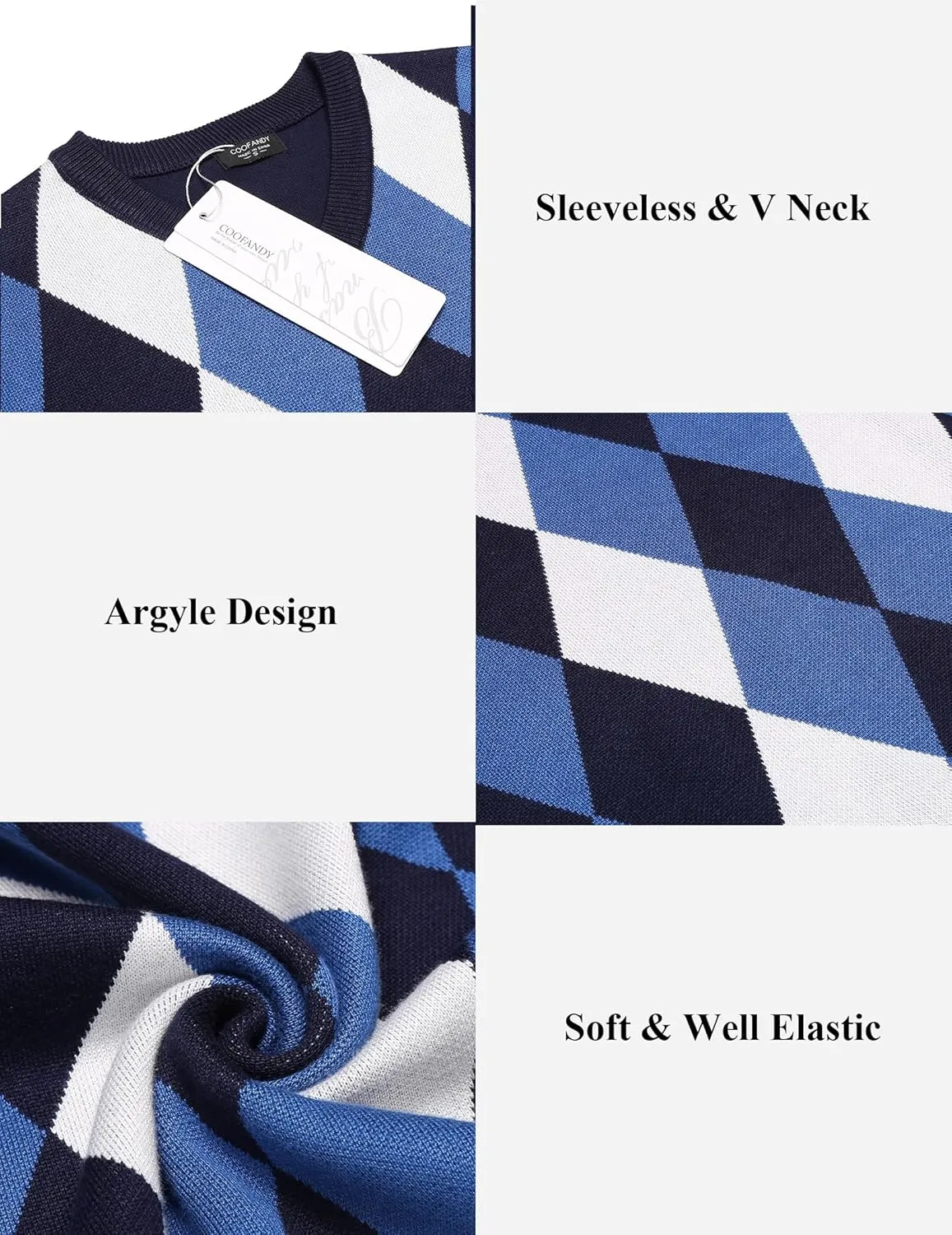 COOFANDY Men's Sleeveless V Neck Pullover Sweater Slim Fit Casual Argyle Sweater Vest