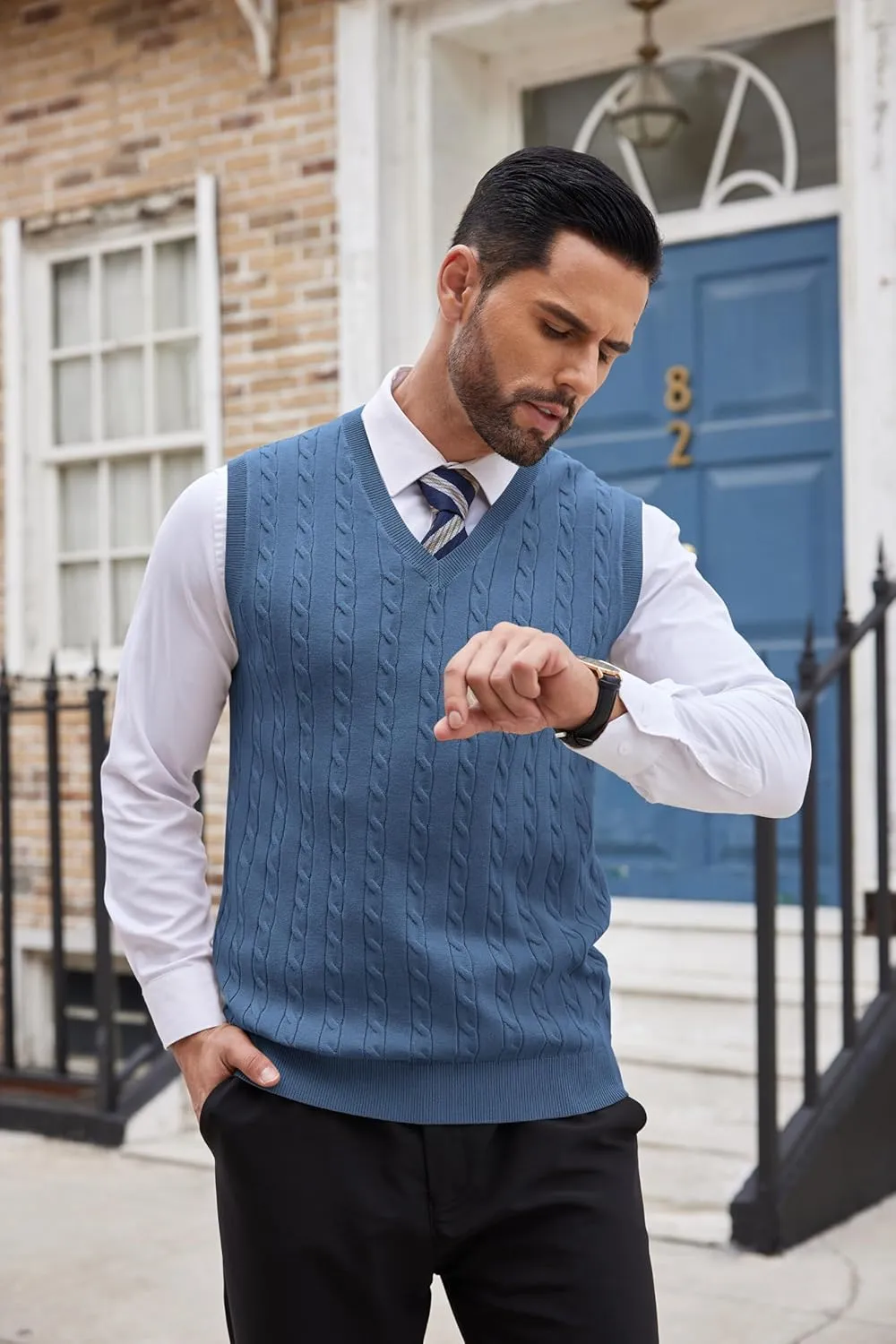 COOFANDY Men's Sweater Vest V Neck Slim Fit Cable Knitted Sleeveless Pullover Sweater