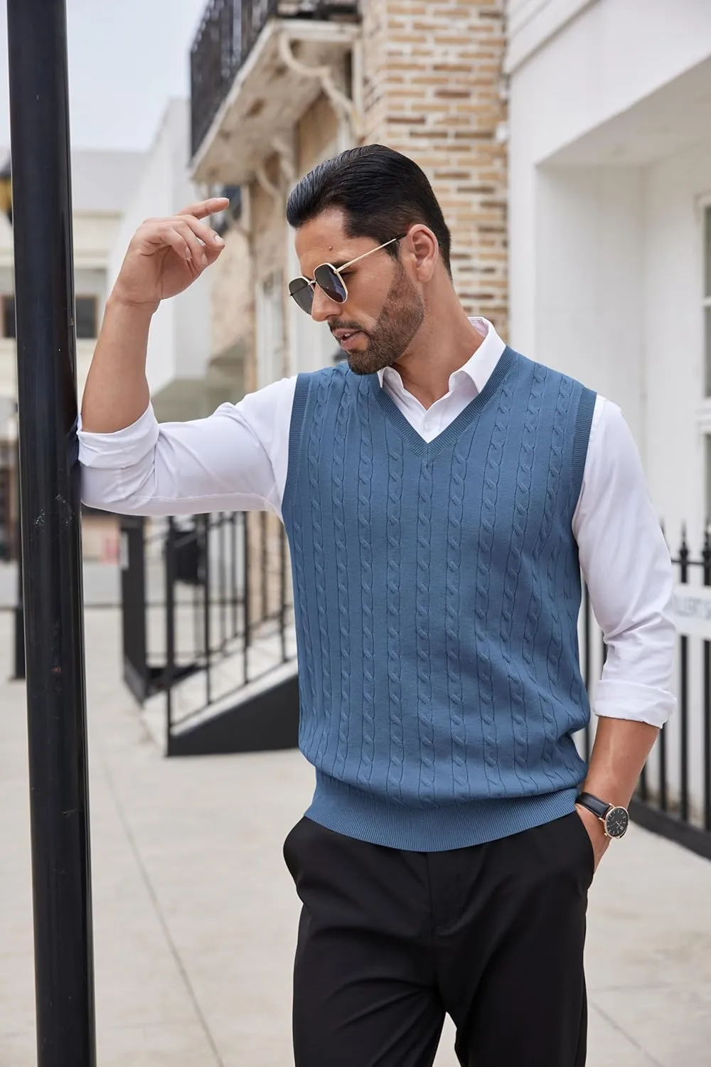 COOFANDY Men's Sweater Vest V Neck Slim Fit Cable Knitted Sleeveless Pullover Sweater