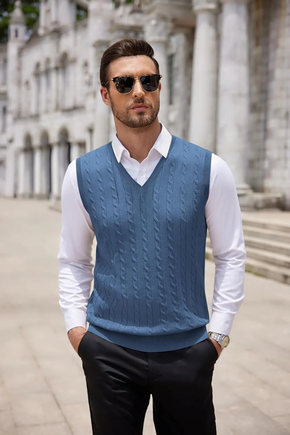 COOFANDY Men's Sweater Vest V Neck Slim Fit Cable Knitted Sleeveless Pullover Sweater