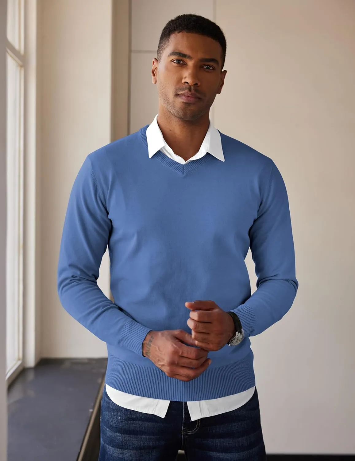 COOFANDY Men's V Neck Pullover Sweater Slim Fit Casual Dress Sweater Lightweight Knitted Sweaters