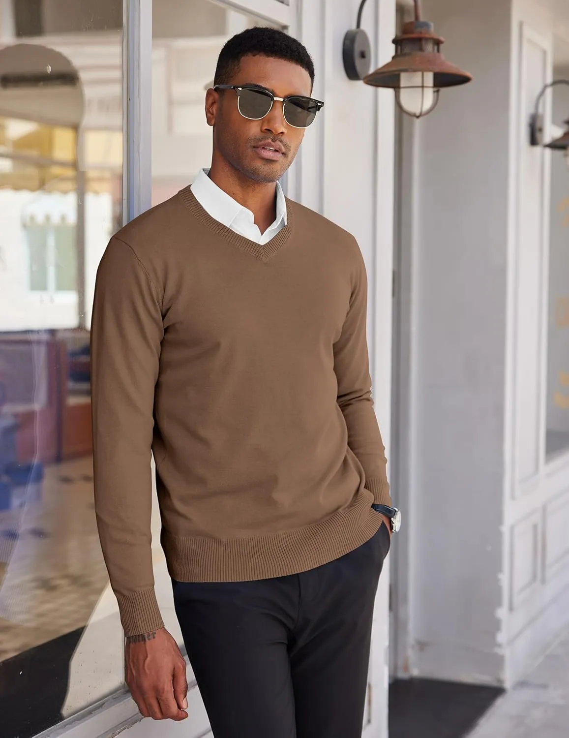 COOFANDY Men's V Neck Pullover Sweater Slim Fit Casual Dress Sweater Lightweight Knitted Sweaters
