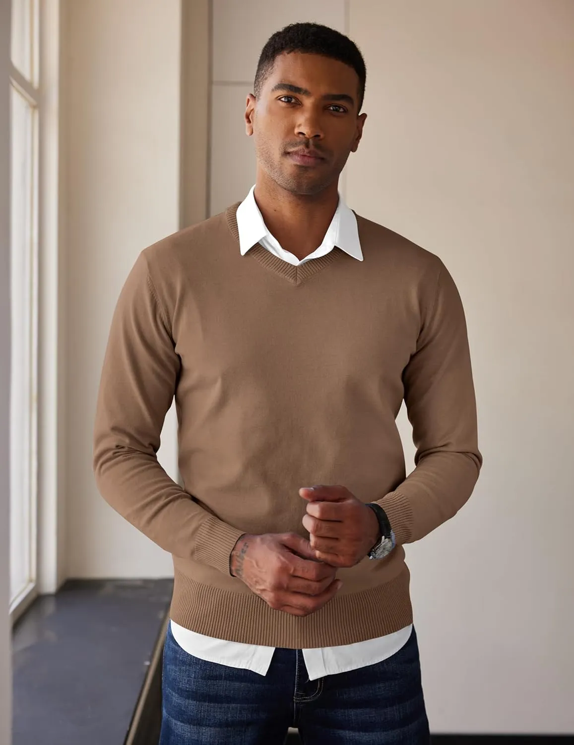 COOFANDY Men's V Neck Pullover Sweater Slim Fit Casual Dress Sweater Lightweight Knitted Sweaters