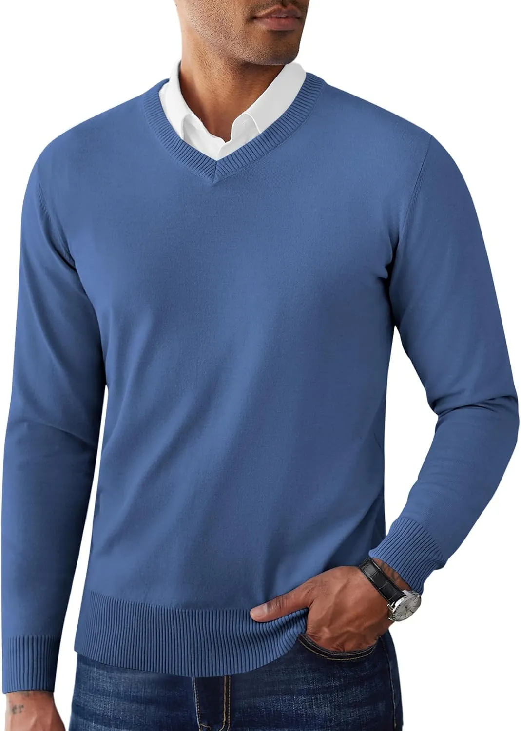 COOFANDY Men's V Neck Pullover Sweater Slim Fit Casual Dress Sweater Lightweight Knitted Sweaters